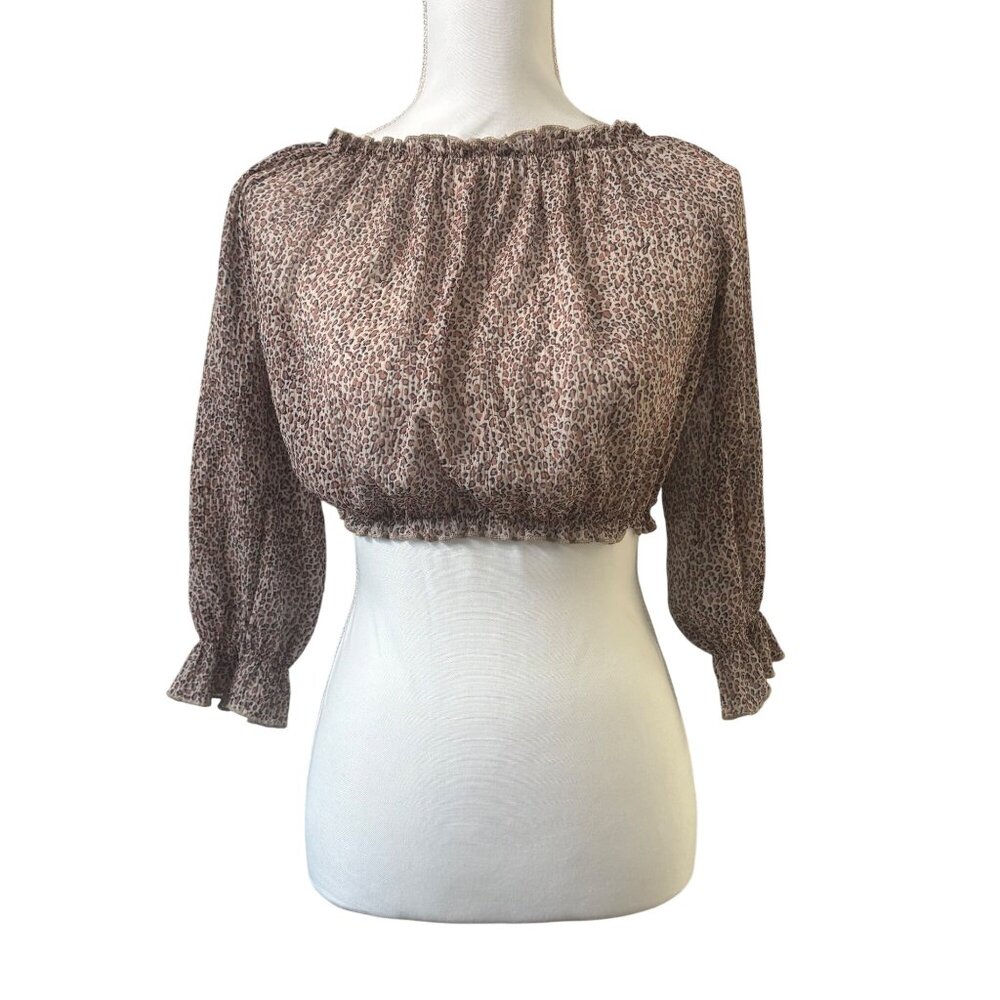 Polly Leopard Print Off-Shoulder Smocked Hem Long Sleeve Crop Top Woman's Size 2